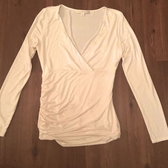 Boston Proper Cream Wrapped Ruched Long Sleeve Blouse - Picture 1 of 4
